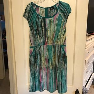 Greenish, teal, pink, yellow dress