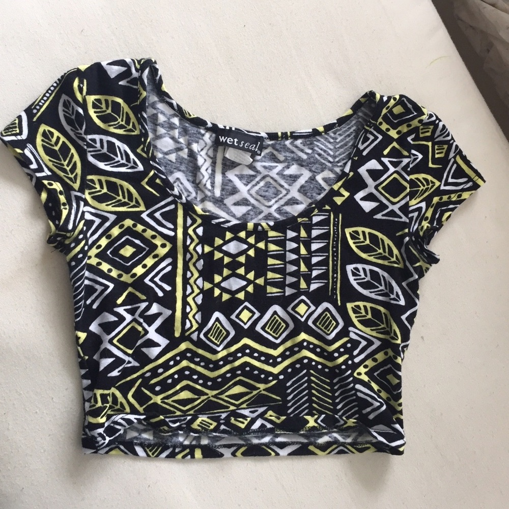Cropped black with yellow tribal print scoop neck