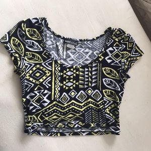 Cropped black with yellow tribal print scoop neck