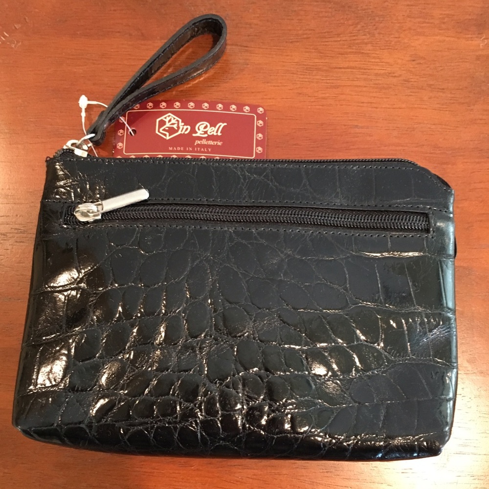 Black Leather Croc Embossed Cosmetic Pouch, Italy