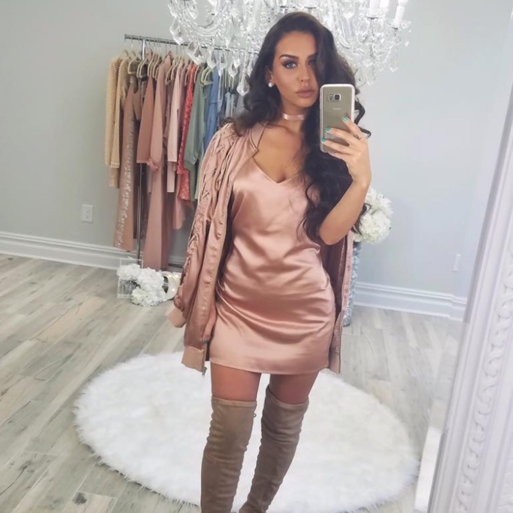 Rose Gold Satin Bomber Jacket