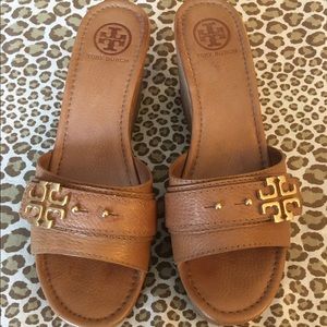 Tory Burch Tan Leather Platform Slides