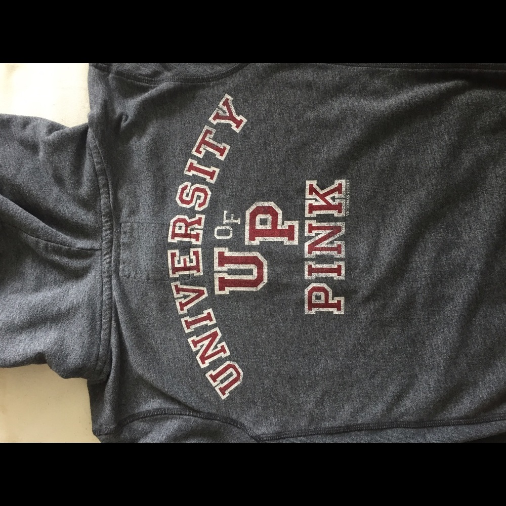 Dark grey PINk university sweatshirt.