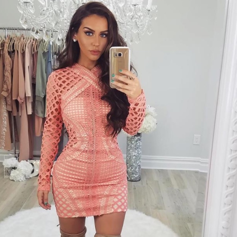 Coral Long Sleeve Lace Cut Out Bodycon Dress