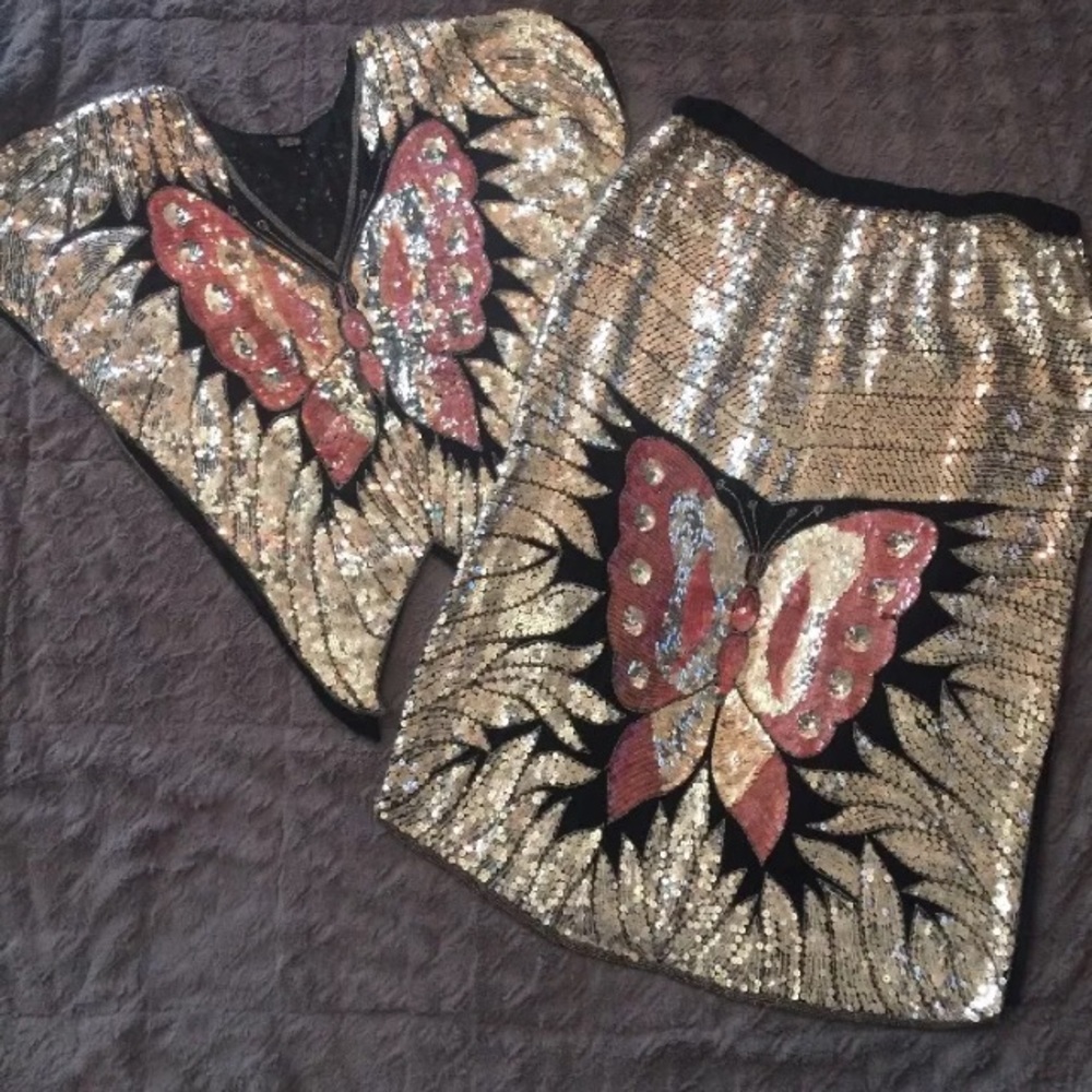 Vtg Silver Sequin Butterfly Skirt Set Sz L