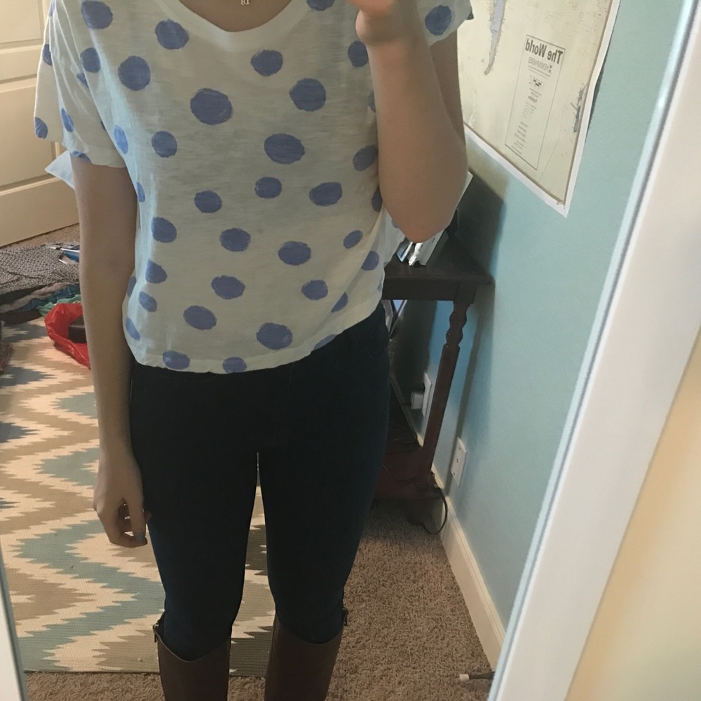 Adorable white with blue polka dot crop top!