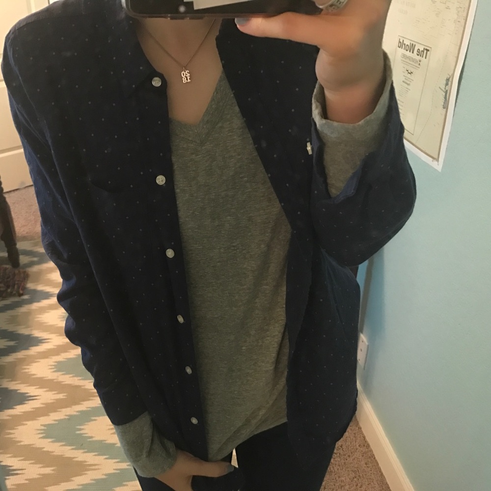 BUNDLED-long sleeve grey v-neck and blue flannel.