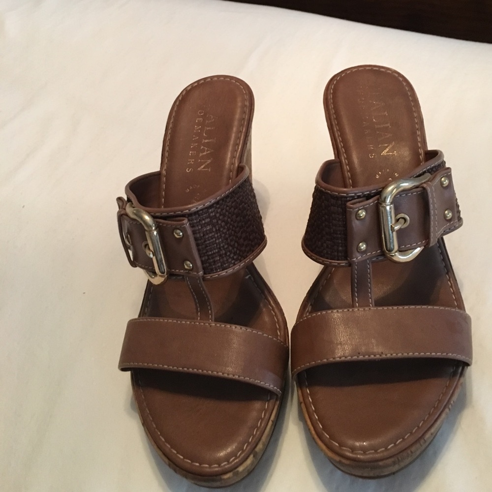 Brown leather wedge slides