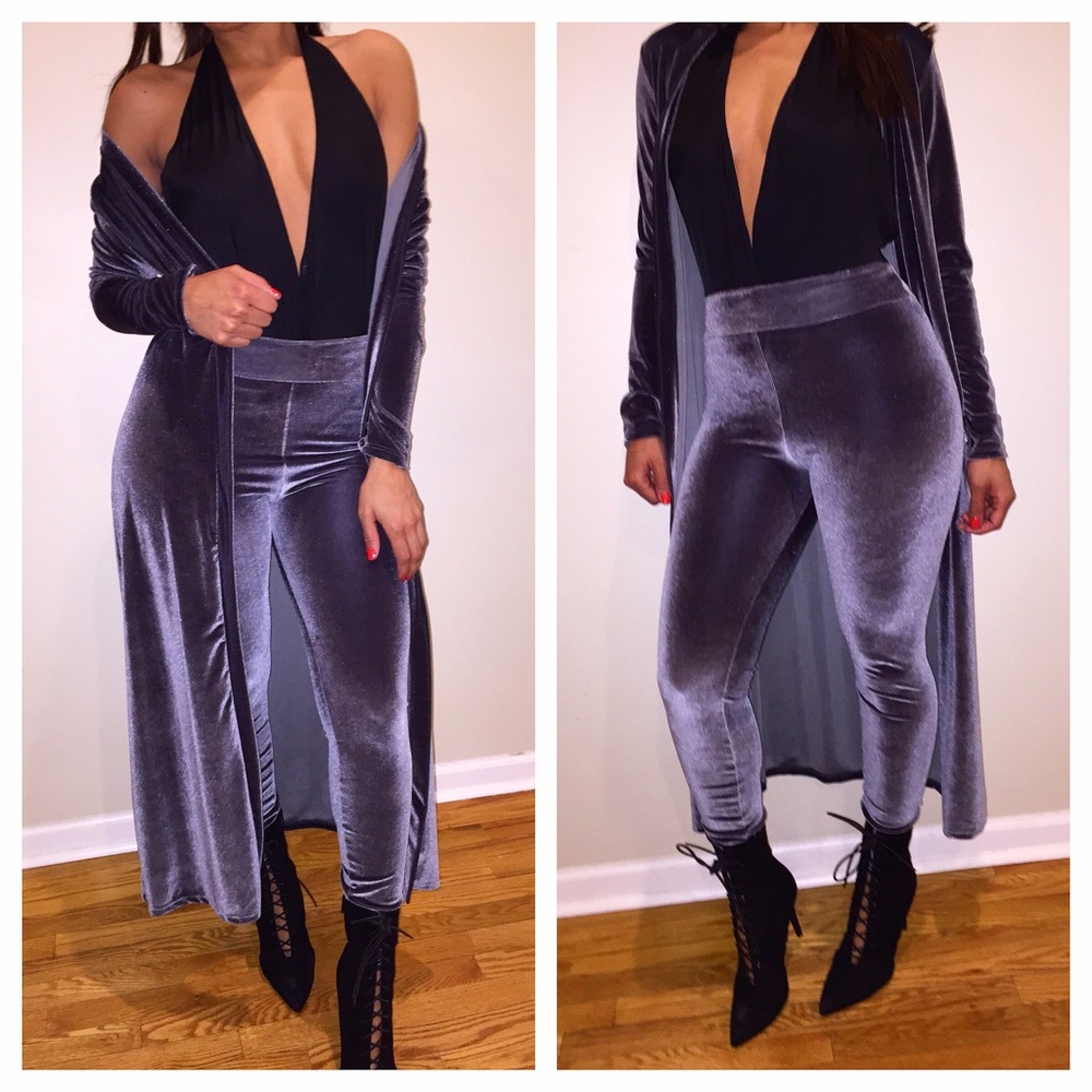 Grey Velvet Duster Coat and leggings set new