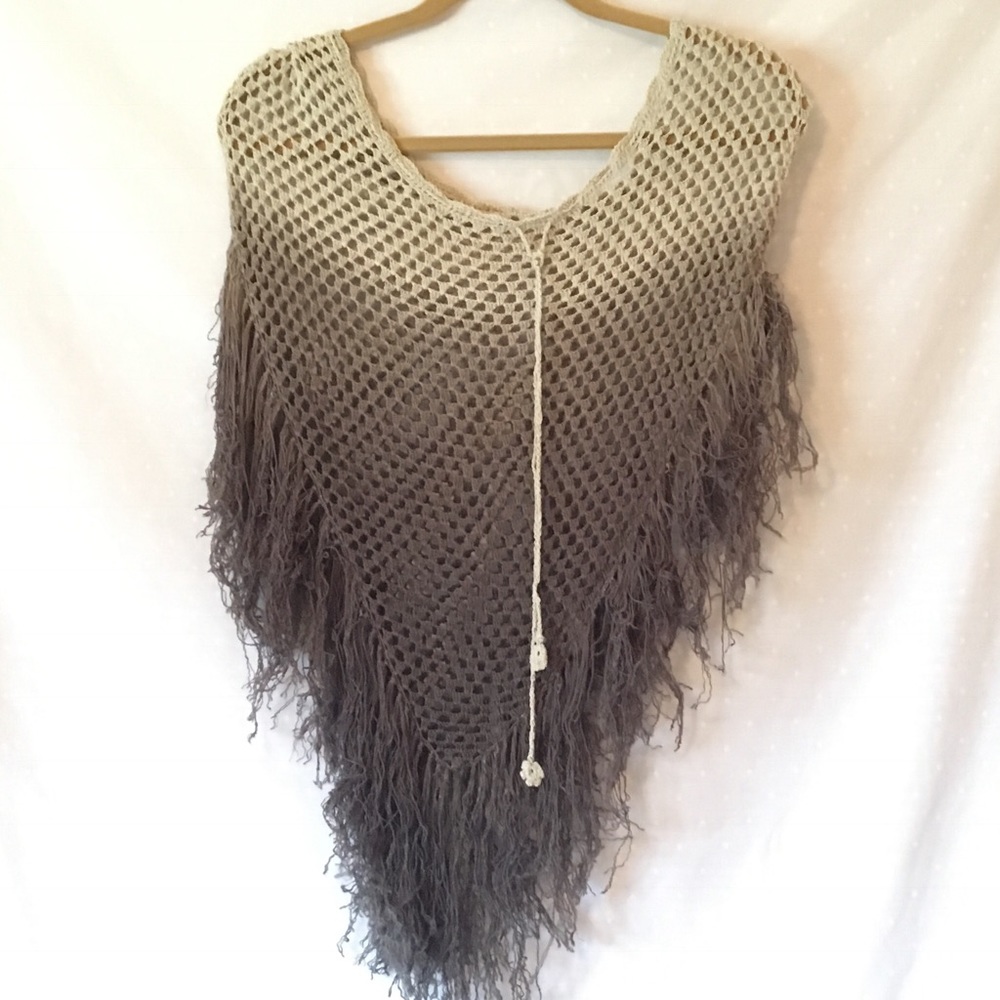 Ombré green crochet poncho with fringe