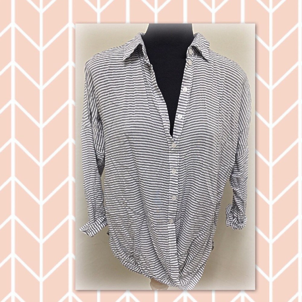 Gray and white pin stipe wrap top - Picture 2 of 5