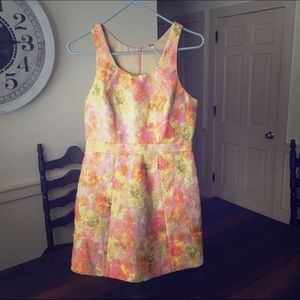Free People Metallic Yellow Floral Mini Dress Sz 6