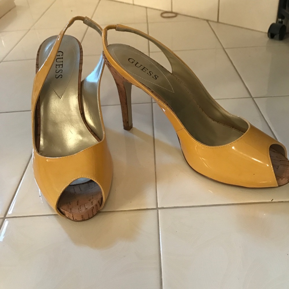Yellow Guess sling back stilettos