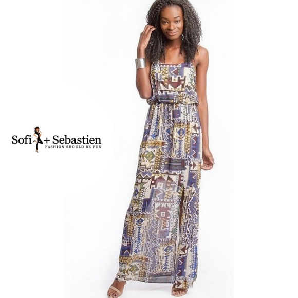 🔴 Silk Blend maxi dress in print new S M L blue - Picture 2 of 7