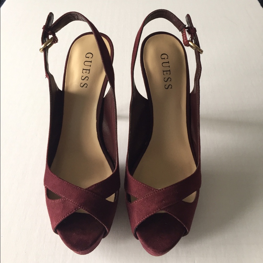 Guess Platform Heels Burgundy Suede Sling Backs
