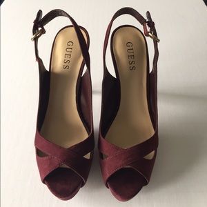 Guess Platform Heels Burgundy Suede Sling Backs