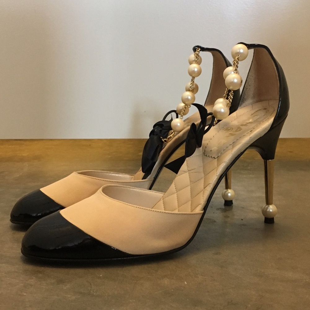 Chanel Classic Cap Toe Ankle Strap Pearl Heel Pump