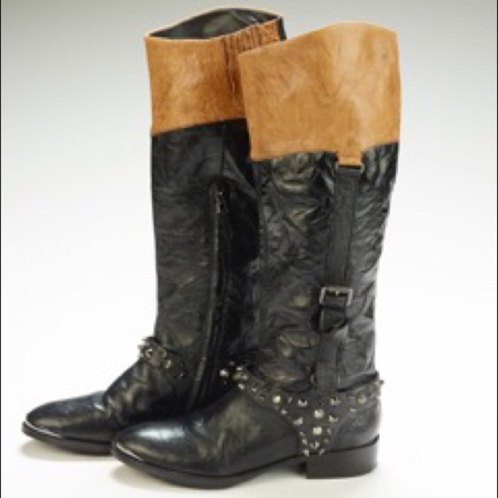 Two tone leather boots with stud and buckle detail