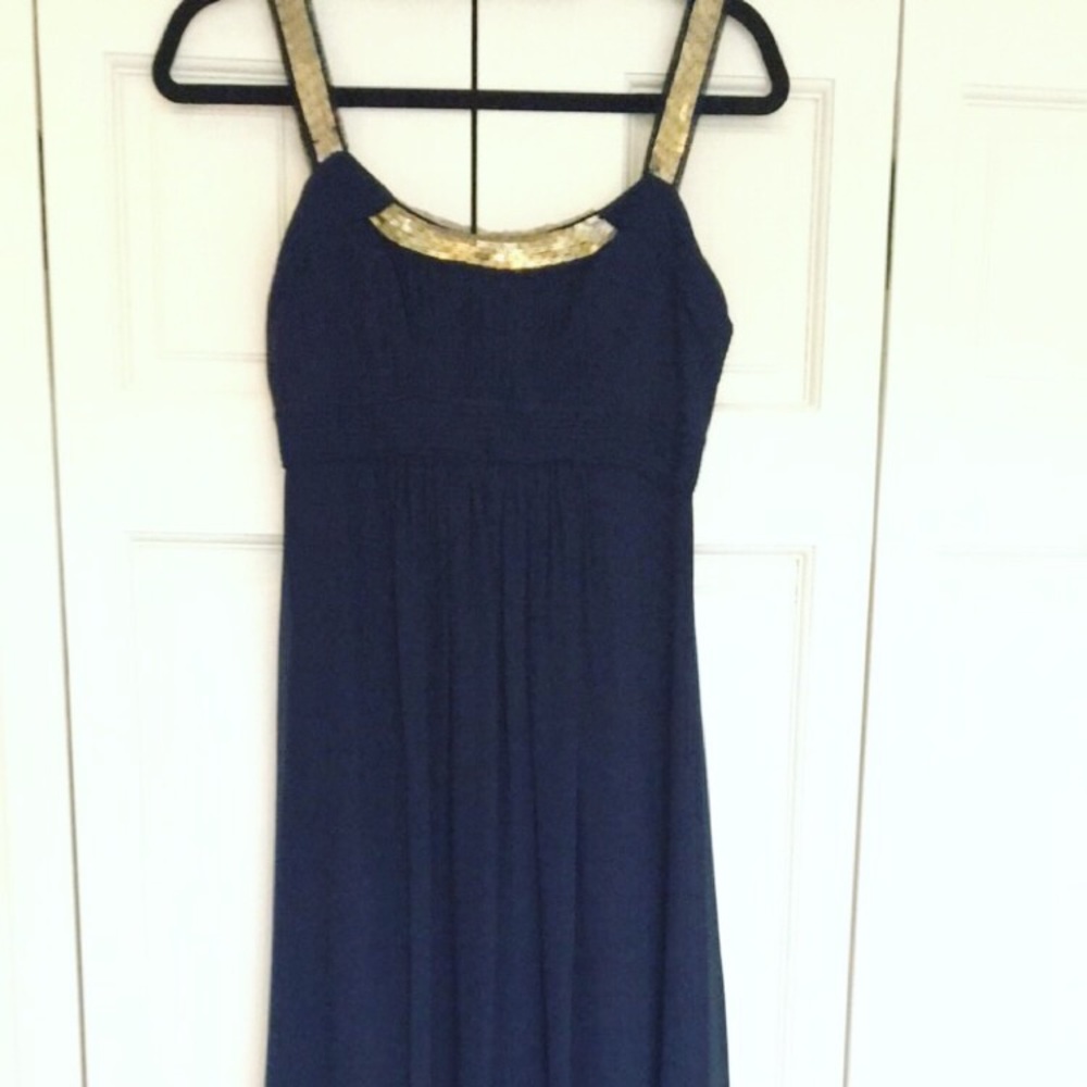 BCBG Navy blue chiffon floor length empire gown