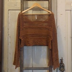 Free people crochet crop sweater with bell sleeves