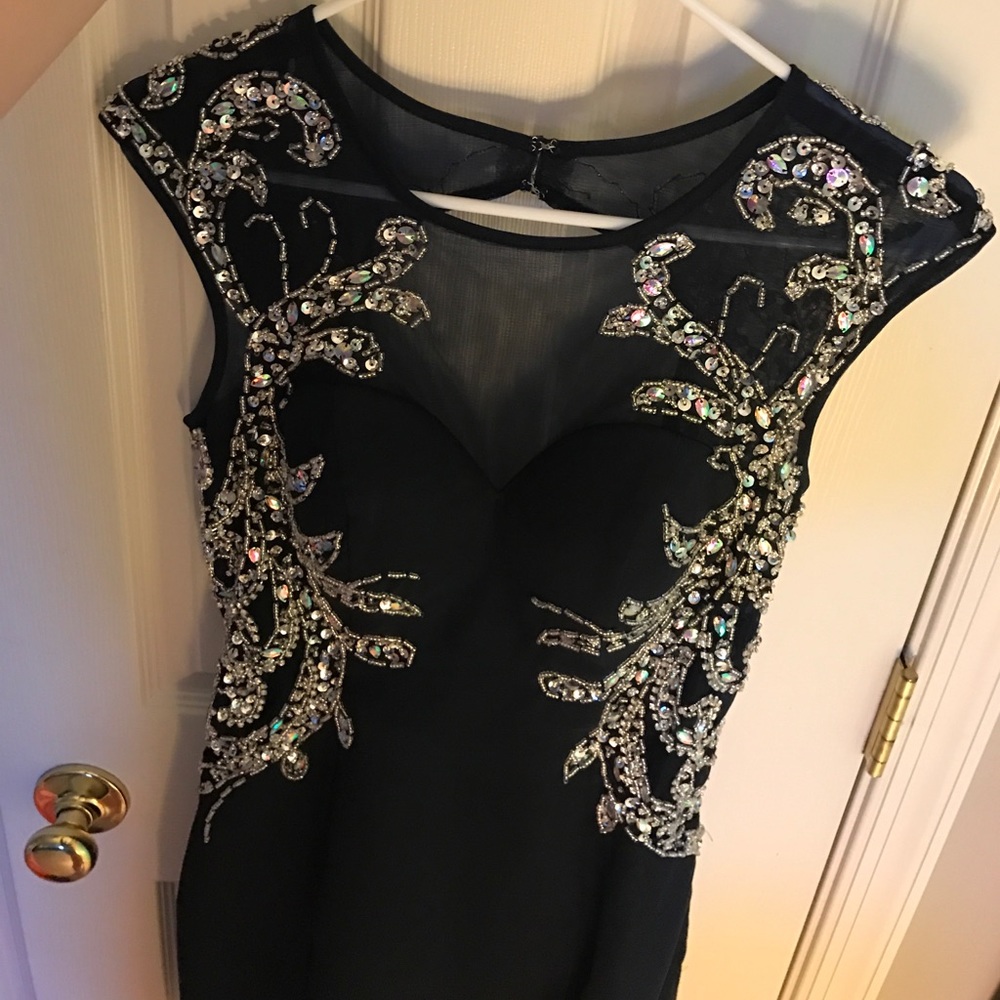 Navy Blue Beaded Open Back Prom Dress