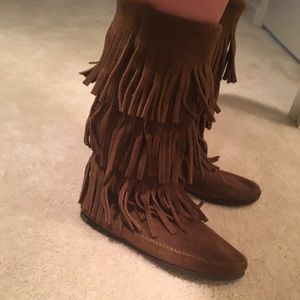 Calf high 3 layer fringe western boots