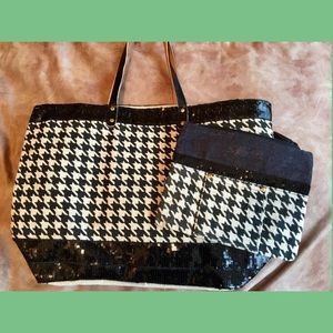 Houndstooth Burlap Tote with Black Sequin Trim