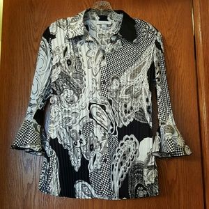 Black & White Paisley Pleated Blouse Bell Sleeves