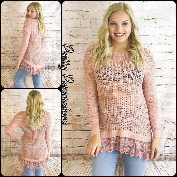 Pretty Persuasions Sweaters - LAST ONE‼️Blush Pink Lace Trim Knit Spring Sweater