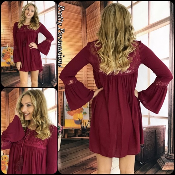 NWT Wine Bell Sleeve & Lace Mini Shift Dress Tunic - Picture 3 of 4