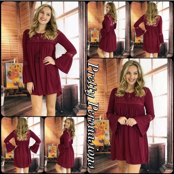 NWT Wine Bell Sleeve & Lace Mini Shift Dress Tunic - Picture 4 of 4
