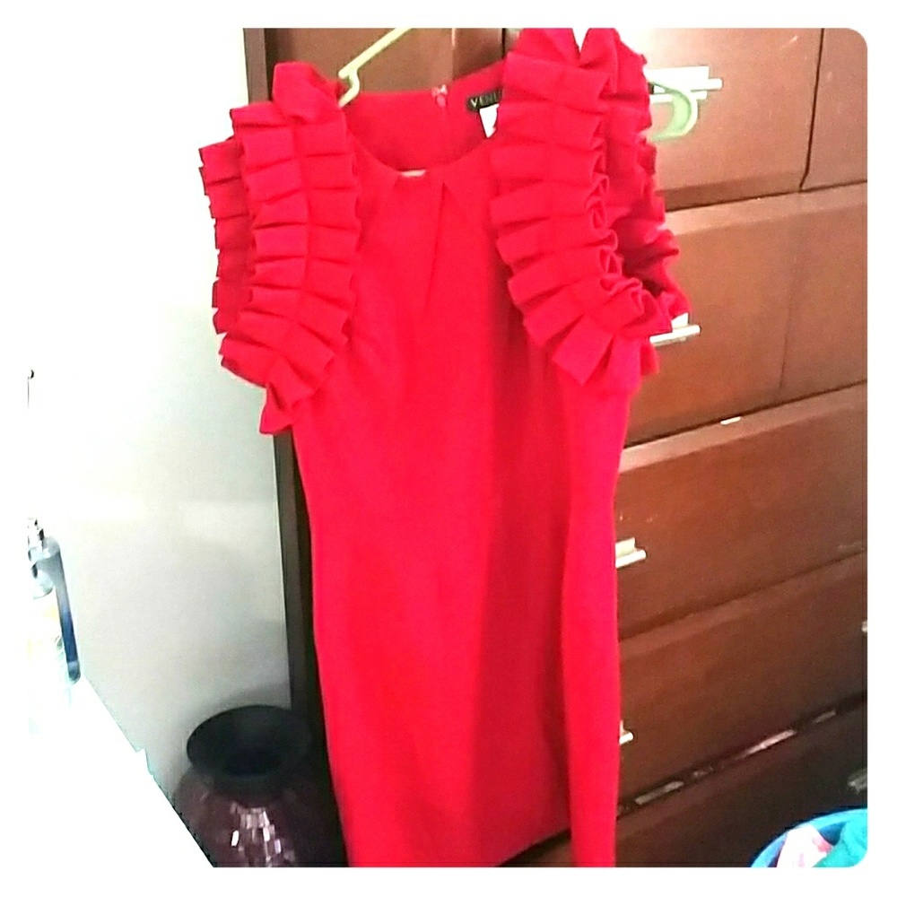 Red ruffle sleeveless dress.