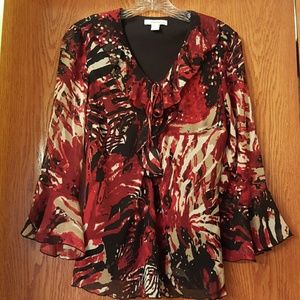 Richly Colored Sheer Bell Sleeves Ruffled Top