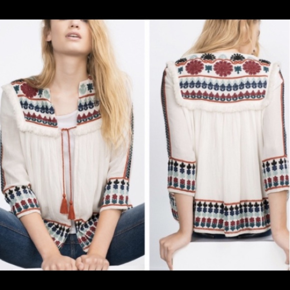 Zara floral embroidered jacket white