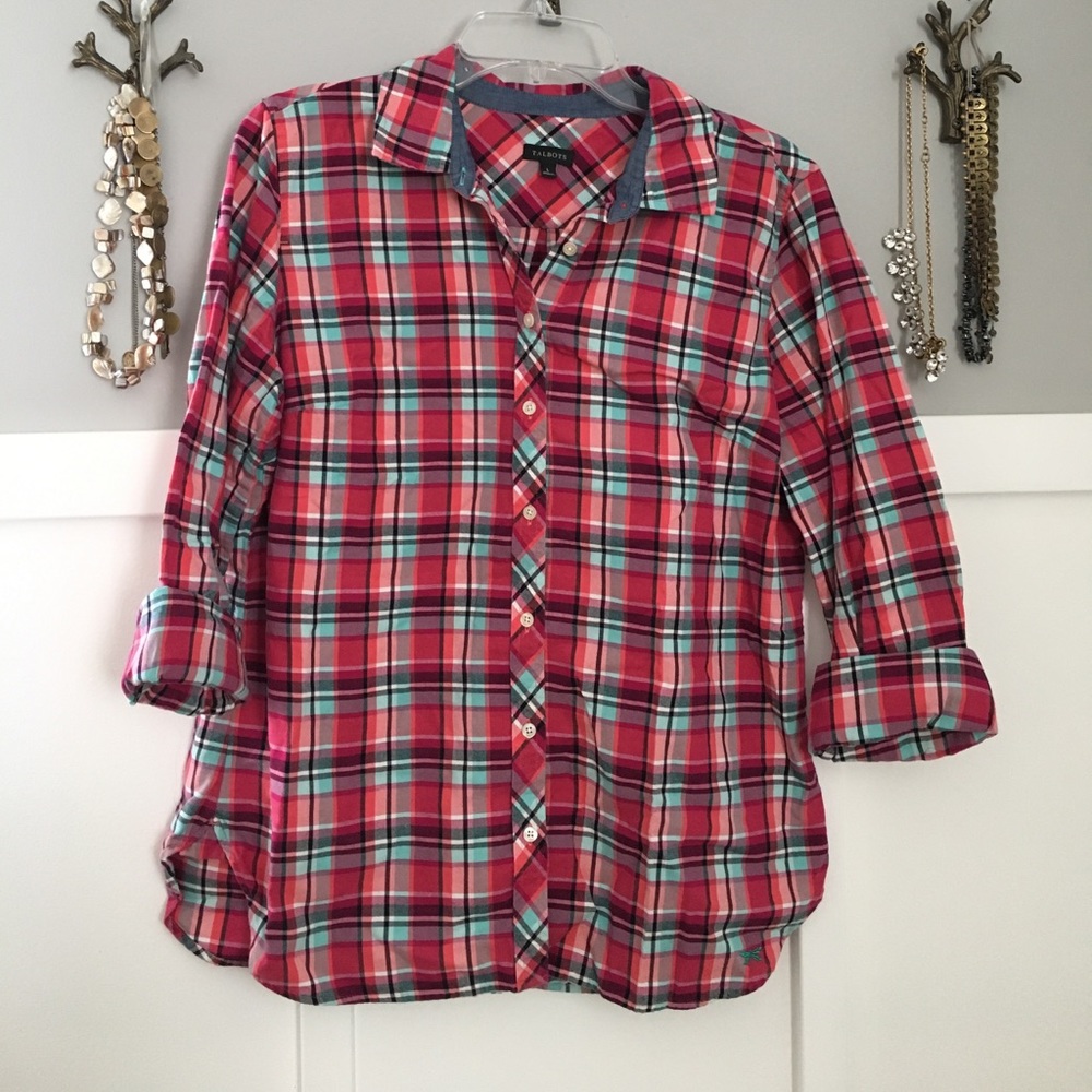 Talbots pink plaid button up shirt