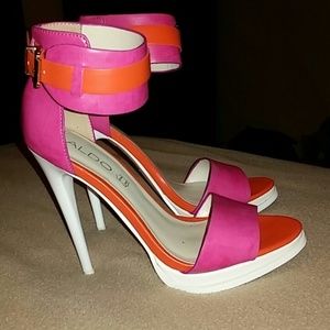Orange and pink high heel sandals w/white stiletto