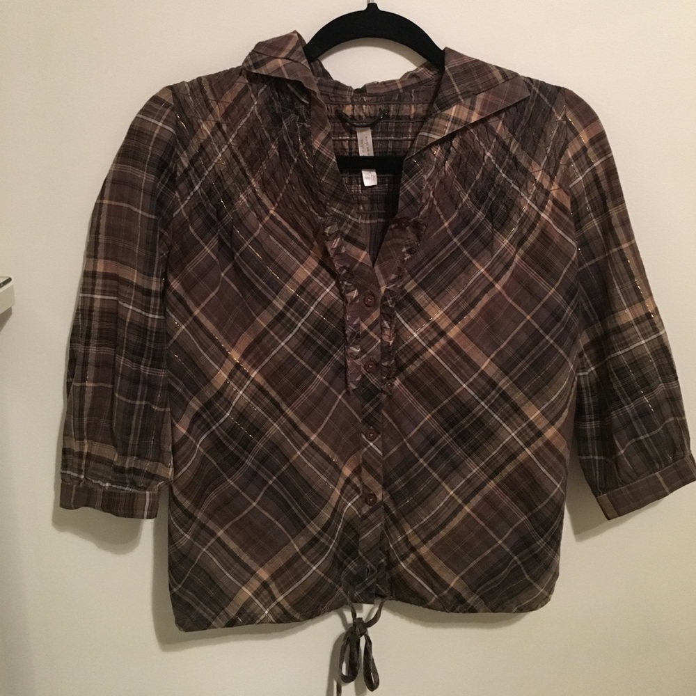Free people Top brown plaid with gold lining
