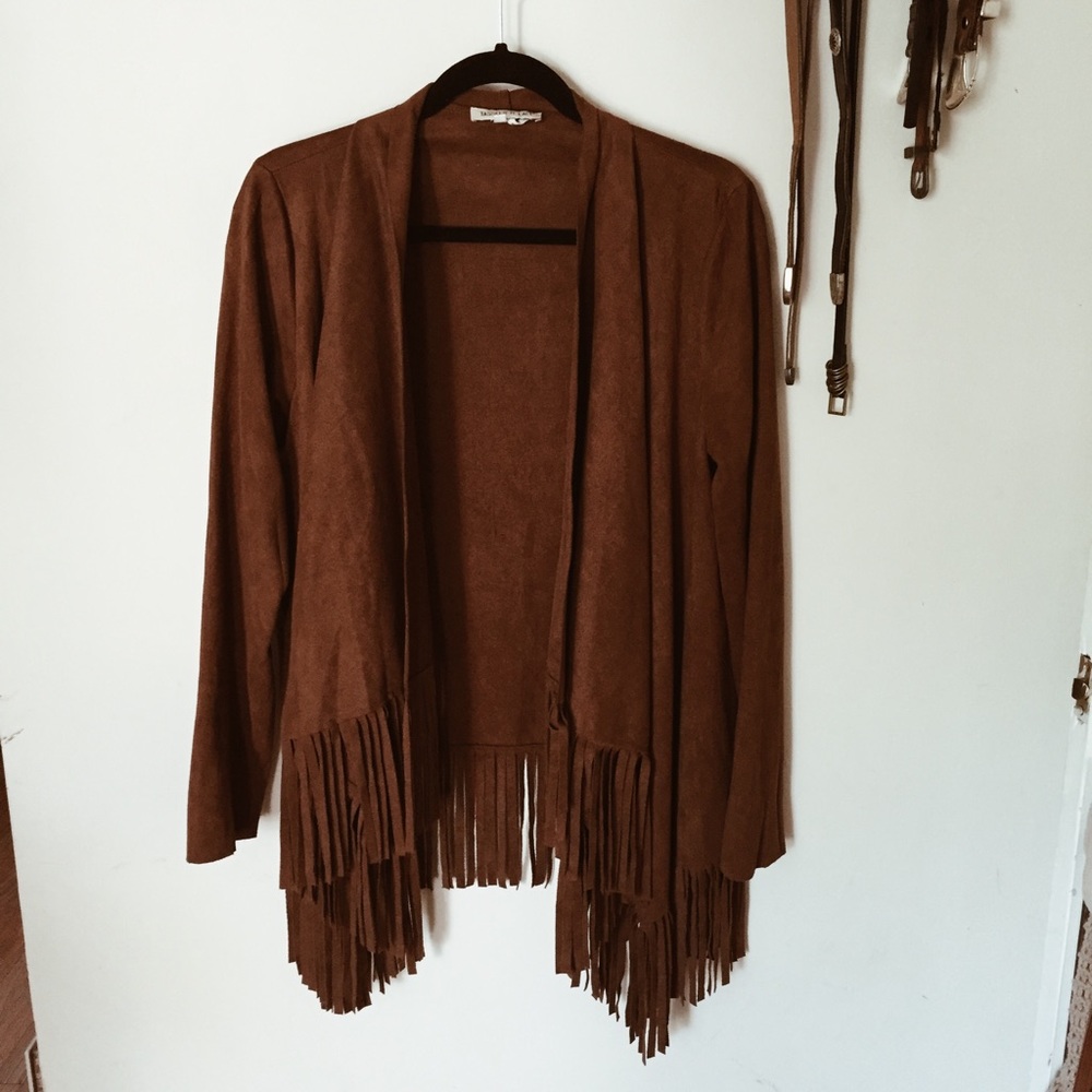 Faux suede free people style fringe sweater jacket