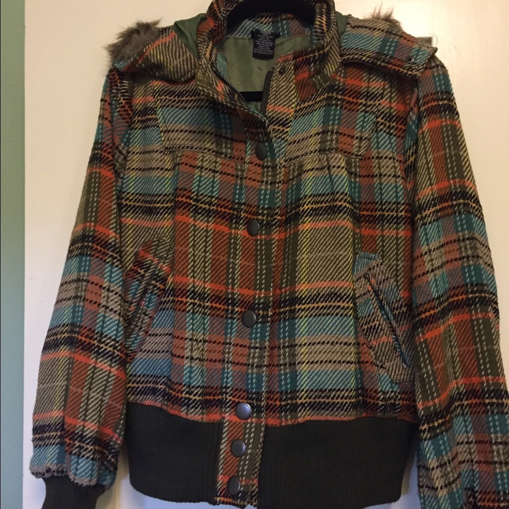 Plaid Jacket with Fur Hood