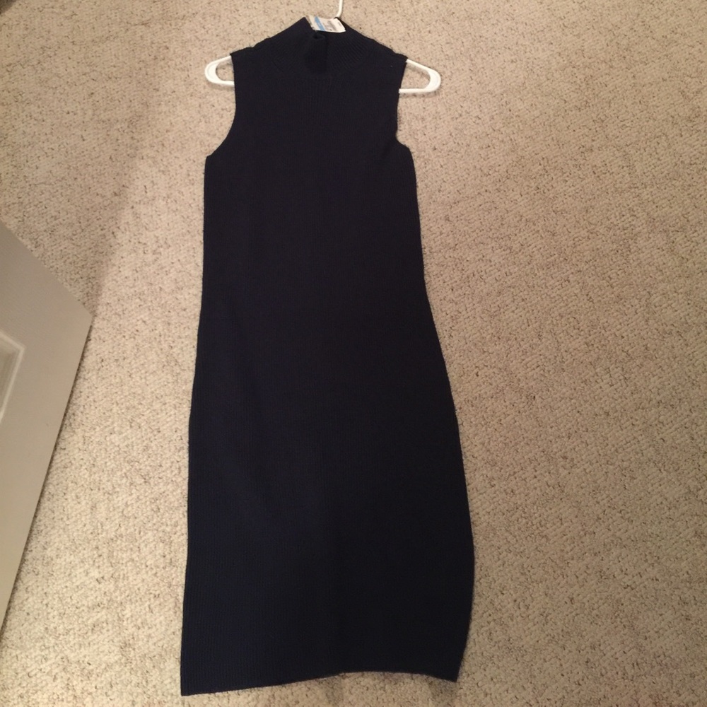 Sleeveless mock neck navy blue sweater dress