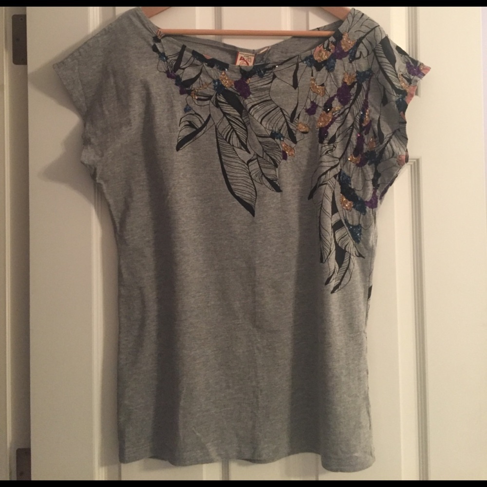 French Connection feather sequin detailed gray top