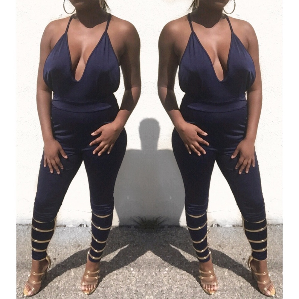 Plunging Deep V Jumpsuit with Criss Crossed Straps