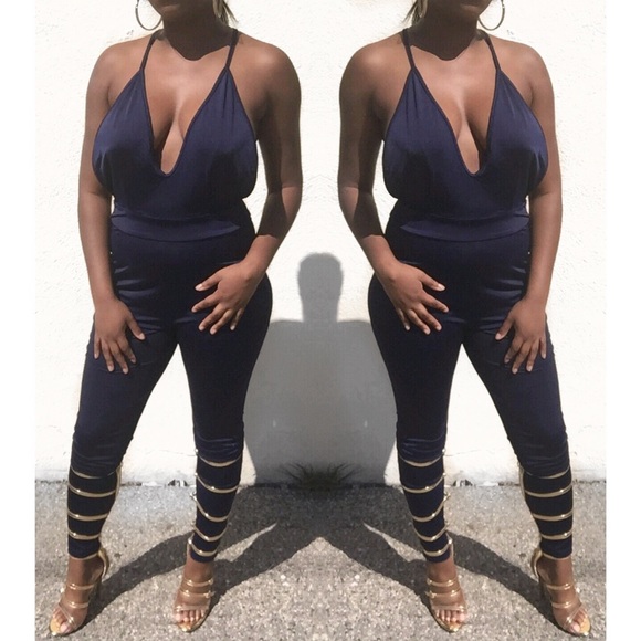 Plunging Deep V Jumpsuit with Criss Crossed Straps - Picture 1 of 6