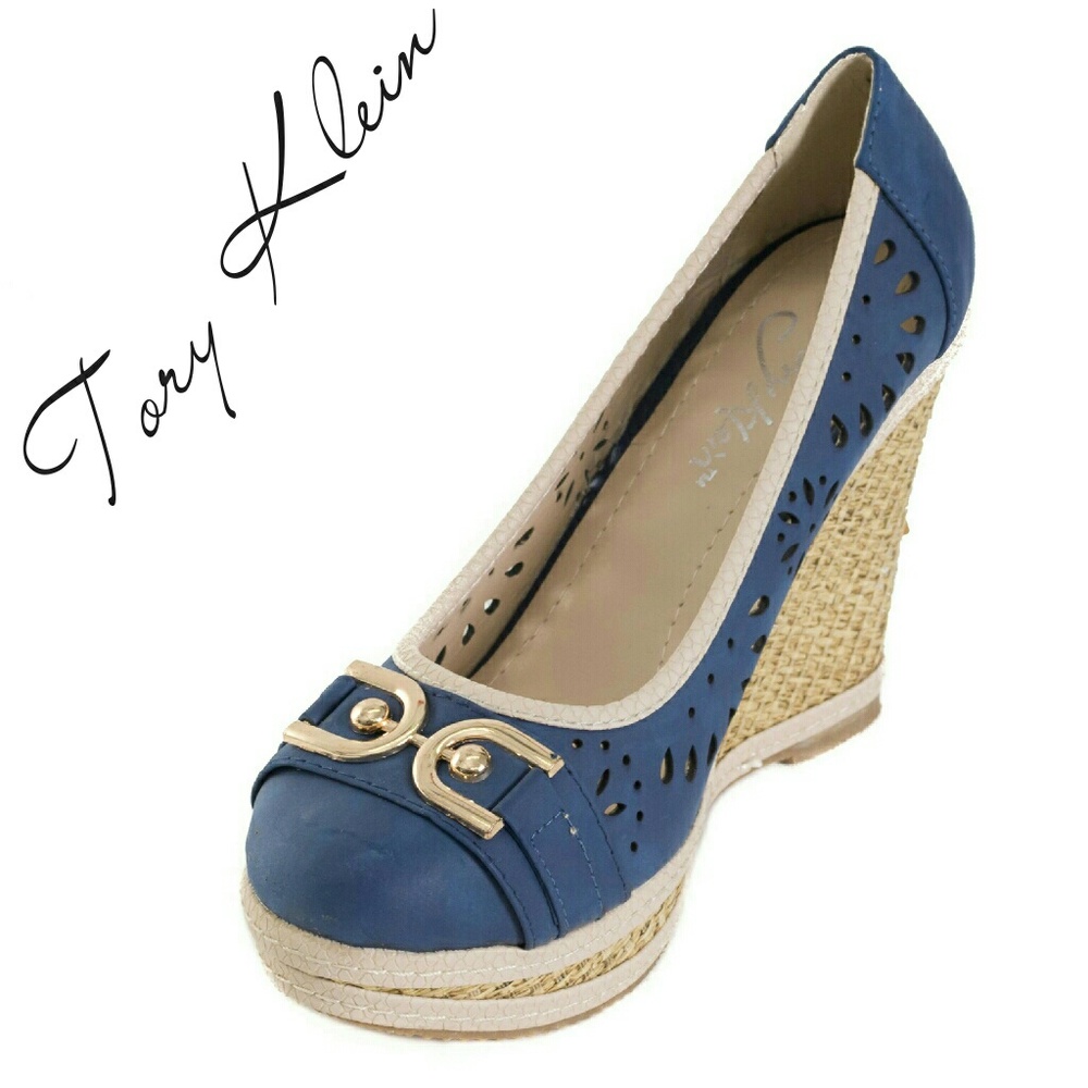Women Wedge Espadrilles with Buckle, HW-1674, Blue - Picture 1 of 5