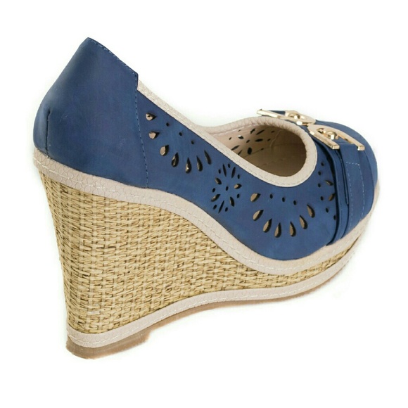 Women Wedge Espadrilles with Buckle, HW-1674, Blue - Picture 3 of 5