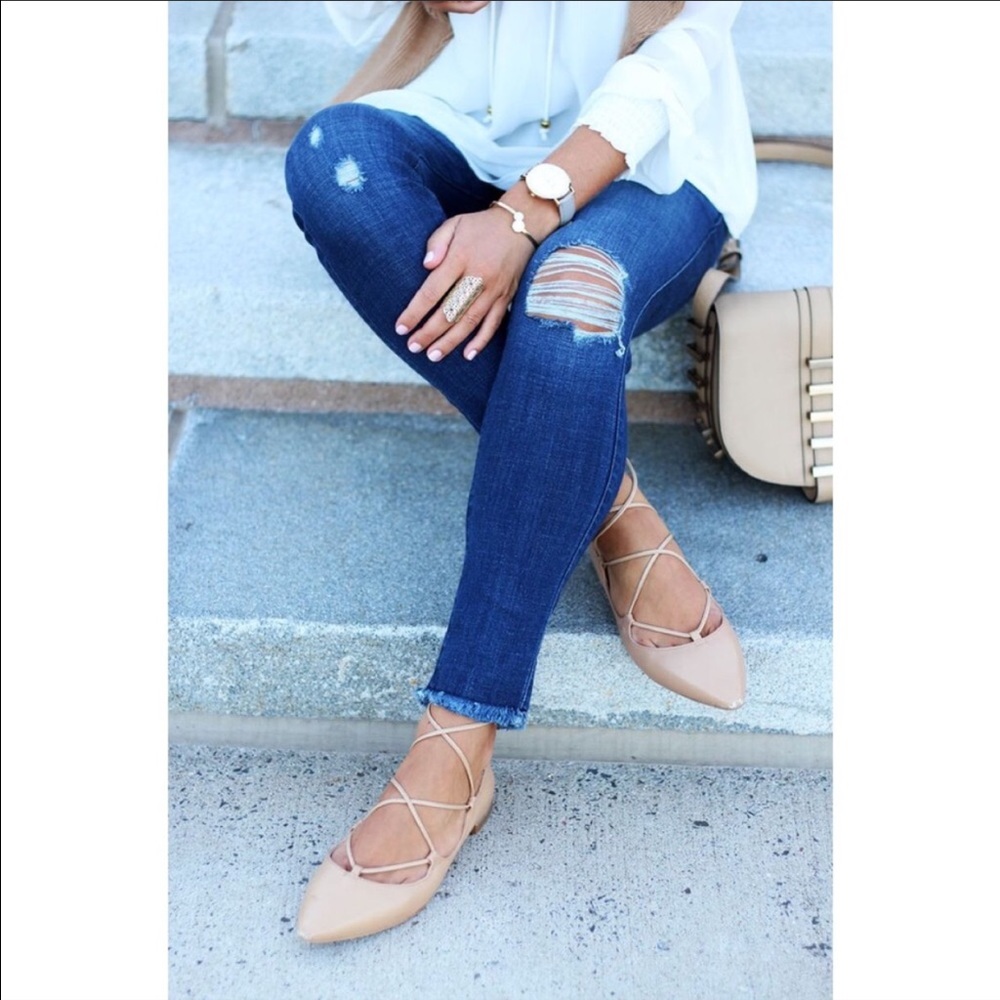 Nude Lace Up Ballerina Flats - Picture 2 of 3