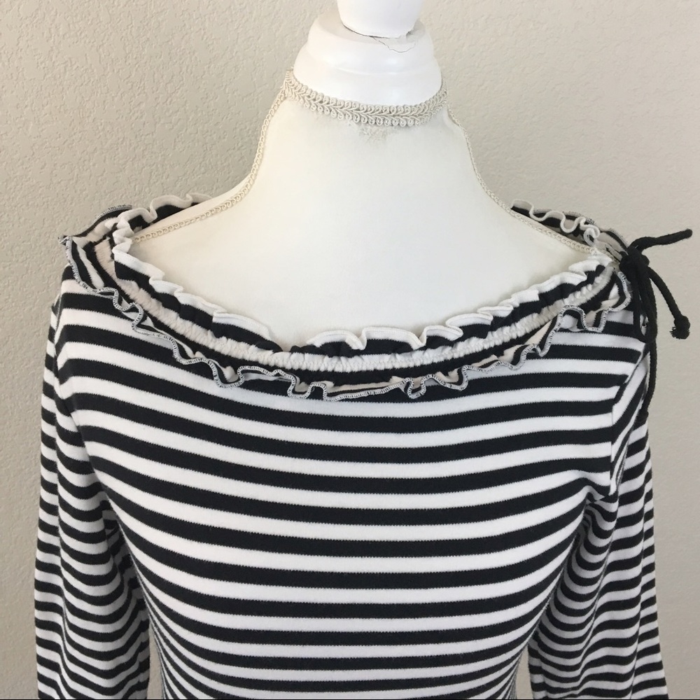 Cache black/white striped cotton top, side tie, L