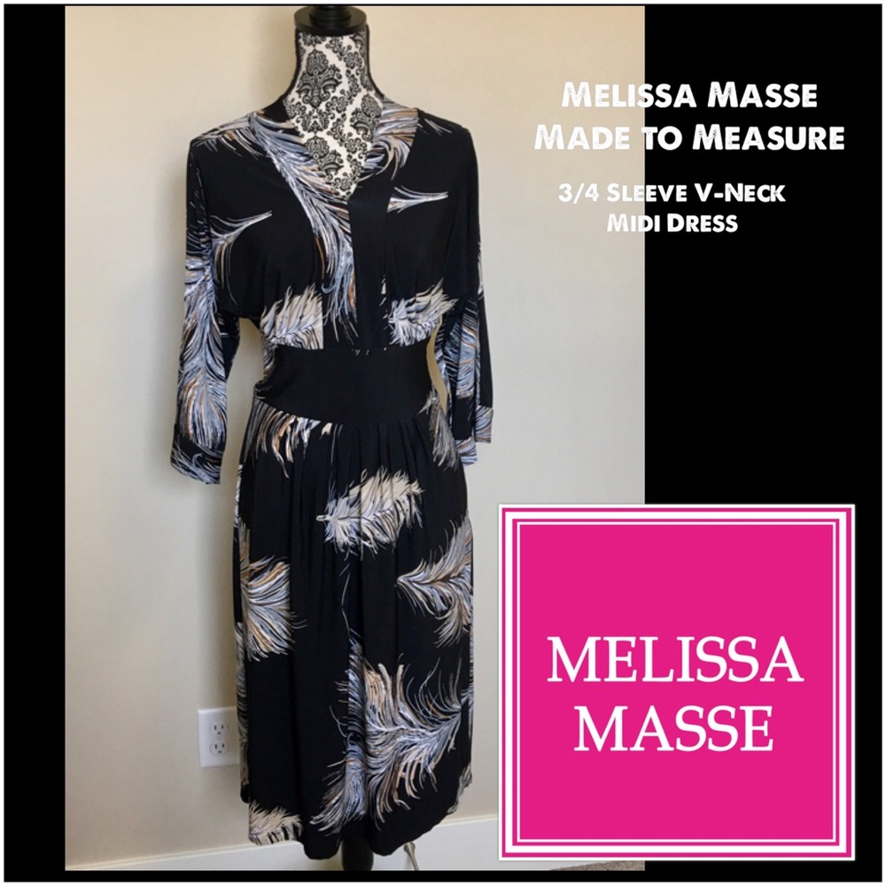 MELISSA MASSE NWT Black Feather Print 3/4 Sleeve Jersey Midi Dress Size Small