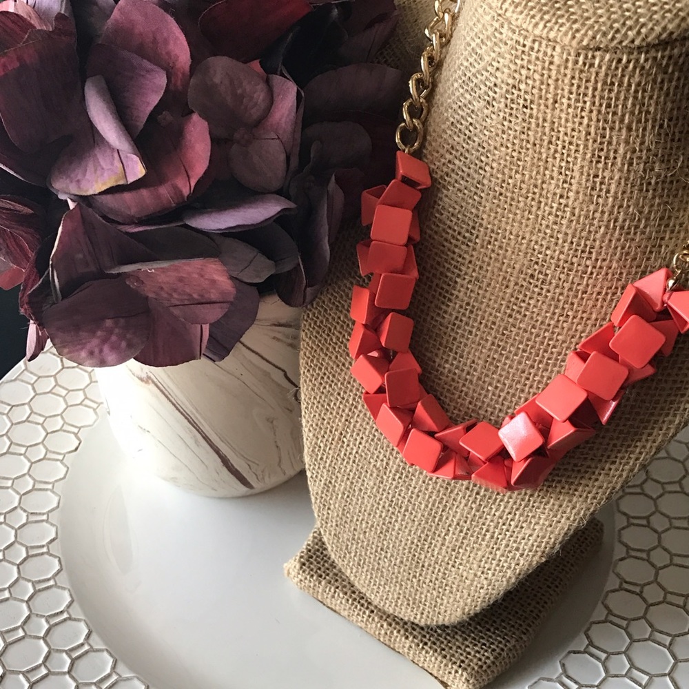 Coral Geometric Cluster Necklace