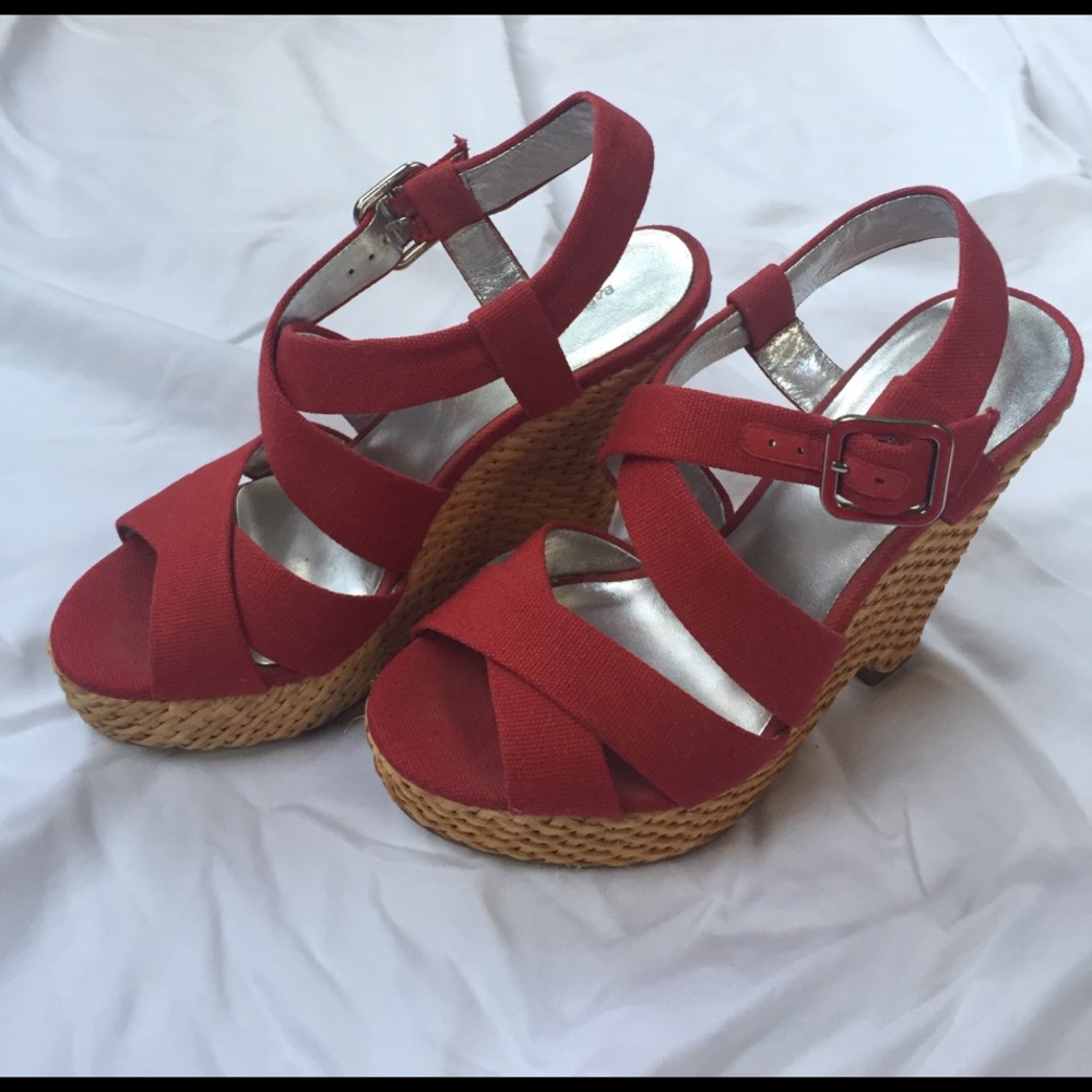 Red BR canvas platform espadrilles.
